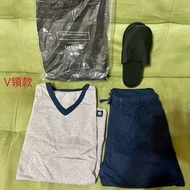 【The white company聯名款】 英國品牌 卡達航空商務艙/頭等艙睡衣 絕版款V領灰色長袖T恤x深藍長褲