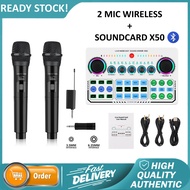 Mic Wireless dan V8 Sound card  + MIC Wireless Universal Sound Card V8 V8S F998 X50 Live Mixer Audio Broadcast Recording + 2 Mic Wireless Karaoke