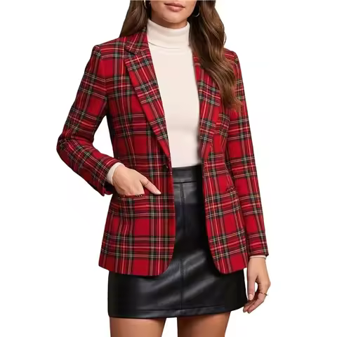 Plaid Blazer Jacket For Women Long Sleeve Blazer Lapel Button Work Formal Blazer Jackets Red S Eco-F
