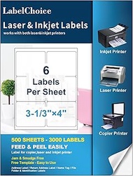 Labelchoice 500 Sheets 3000 Pcs 3-1/3 x 4 6 Up Shipping Address Labels for Laser & Inkjet Printers, 