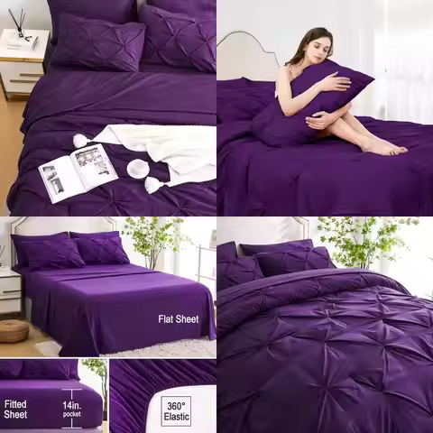Purple 7-Piece Queen Comforter Set with Sheets - Pintuck Bedding for All Seasons