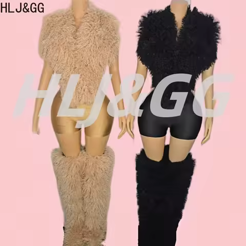 HLJ&GG Fashion Fur Sleeveless Vest Two Piece Sets Women Backless Lace Up Top And Shorts Outfits Tren