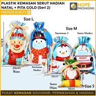 Large Christmas Gift Drawstring Plastic Packaging + Gold Ribbon / Santa Candy Bag Snowflake Gift / P