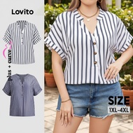 Lovito Plus Size Curve Striped Casual Summer Spring Blouse Button Front for Women LBL19291