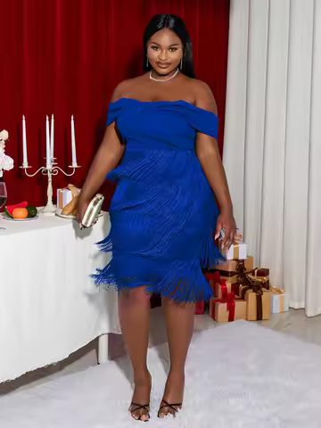AOMEI Blue Tassel Dress Women Bodycon Christmas Off Shoulder Fringe Backless Plus Size Birthday Part