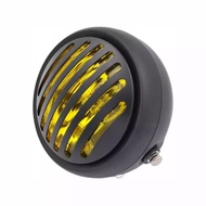 YiMiX Motorcycle headlight black metal grille headlight headlight retro round yellow headlight with 