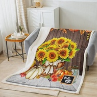 Fall Pumpkins Throw Blanket,Thanksgiving Day Sunflowers Maple Leaves Bed Blanket for Kids Boys Girls Adults,Wooden Plank