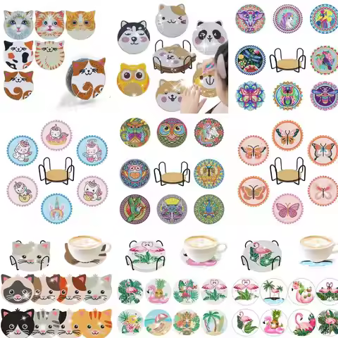 Diamond Painting Coasters GATYZTORY 6/8pcs Diamond Painting Coasters Kit Cat Diamond Art Painting Co
