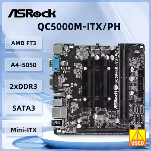 ASRock QC5000M-ITX/PH Motherboard AMD FT3 Kabini A4-5000 Quad-Core APU DDR3 16GB SATA 3 HDMI USB 3.1