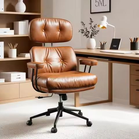 Ergonomic Home Office Chair, Mid-Century Modern Leather Chair with Lumbar Support, High Back Swivel 
