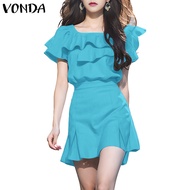 VONDA Women Korean Square-Neck Ruffled Sleeves Ruffled Edges Pleated Blouse And Skirt Girly Set