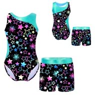 Kids Girls Printed Sleeveless Patchwork Leotard Jumpsuit Elastic Waist Shorts Suit Gymnastics Dance set