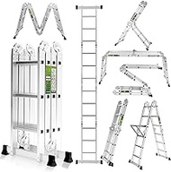 RIKADE Folding Ladder, 7-in-1 Aluminium Extension Collapsible Step Ladder with Tool Tray, Platform Plates, 330LBS Capacity Heavy Duty Multi Purpose Scaffold Ladder for Home Use Outdoor Work