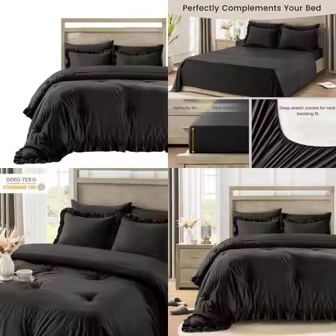 7-Piece King Comforter Set: Black Ruffle Shabby Chic Bedding with Comforter, Pillowcases, Sheets & S
