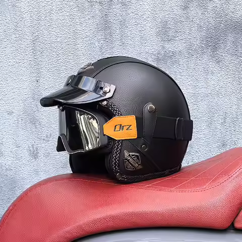 Motorcycle retro helmet PU leather 3/4 scooter half helmet couple helmet DOT approved M-XXL