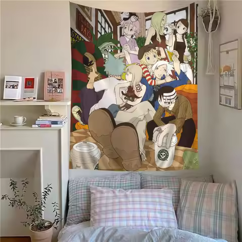 Retro Anime Coffee Shop Gathering Wall Tapestry - Cozy Café Aesthetic, Trendy Room Decor for Indie A