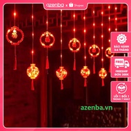 CNY decorative red globe lantern with led lights attached with the word Phuc and hanging curtains to