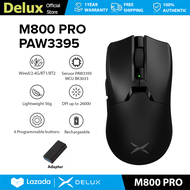 Delux M800 PRO PAW3395 เมาส์สำหรับเล่นเกม DPI สูงสุด 26000 แบบมีสาย 2.4G บลูทูธไร้สาย ชาร์จไฟได้ ตั้
