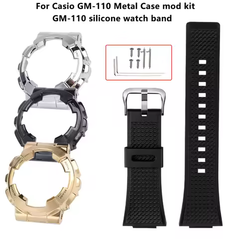 GM-110 Metal case Mod kit For Casio GM110 Resin silicone Strap GM-110GB Soft Rubber Watch Band GM-11