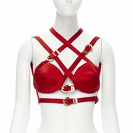 new VERSACE 2019 Runway S&amp;M Bondage Tribute red silk gold buckle bra top IT38 XS