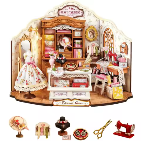 Robotime DIY Miniature House Kit Elsa's Tailoring 1:18 Scale Dollhouse Building Kit Antique Bookshel