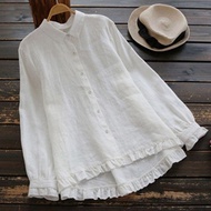 🍄Ready Stock⚡Spring Autumn Plus Size Women Vintage Loose Long Sleeve Cotton White Blouse Putih Murah Labuh Muslimah Blause Wanita Baju Kemeja Perempuan Korean Style Shirt