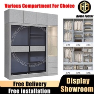 Sliding Door Wardrobe (FREE DELIVERY&INSTALL)Type D6 Glass Door Plywood Grey Wardrobe