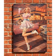 Retro Roller Skating Waitress at Diner Metal Pink Uniformed Girl Holding Milkshake with Neon "DINER 