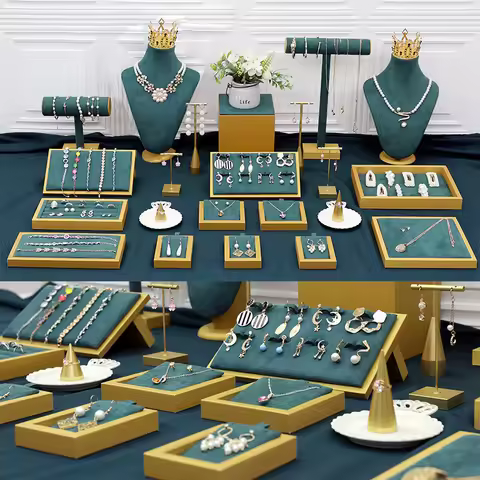 Jewellery Stud Earrings Display Stand Bust Necklace Chain Hanger Storage Tray Green Velvet Counter t