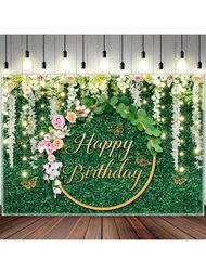 1 Pieza De Fondo De Fotografía De Poliéster Con Temática De Feliz Cumpleaños Y Diseño De Follaje, Con Fondo De Flores De Hierba Verde Para Decoración De Fiesta Femenina Y Suministros De Banner Para Photobooths