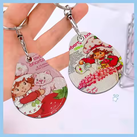 Cartoon Strawberry Shortcake Keychain Access Card Bag Key Tag Ring Leather Card Holder Keychain Key 