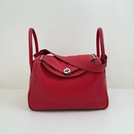 Hermes/愛馬仕 Lindy30  紅色 單肩包 框刻 銀扣