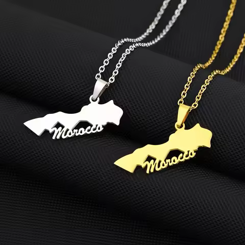 Africa Morocco Map City Pendant Necklace Stainless Steel Men Women Gold Steel Color Ethnic Map Jewel