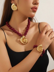 1 Set Of 4pcs European & American Bohemian Alloy Seashell & Ocean Life Beads Necklace, Bracelet, Ear