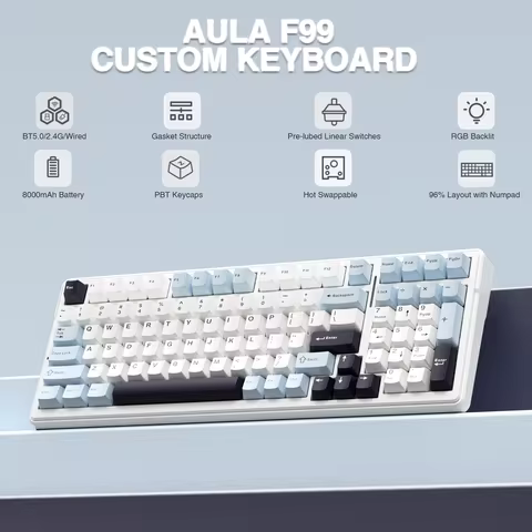 AULA F99 Machanical Keyboard Bluetooth 5.0/2.4G Wireless/Wired Gasket-mounted Gaming Keyboard 99 Key