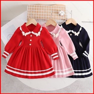 GC1 Children's Autumn and Winter Dresses Girl's Collared Sweater Dress With Floral Trim Christmas Gi