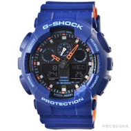 【柒號本舖】CASIO 卡西歐G-SHOCK 雙顯重機鬧鈴電子錶-藍 # GA-100L-2A (台灣公司貨)