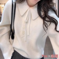 Ym 2025 AW White Lapel Laced-Up Sweater - Soft & Stylish Women's Top