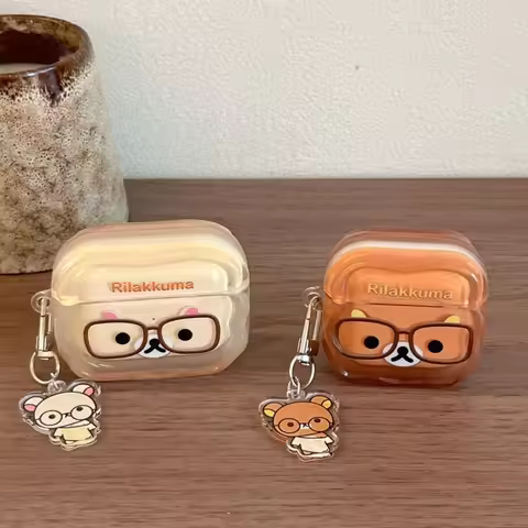 Korean Cute Rilakkuma Glasses Clear AirPods Case with Keychain for AirPods 1 2 3 4 Pro 2 Pro 3 Cute 