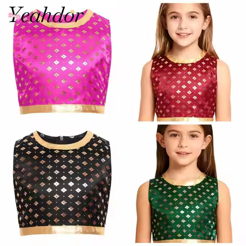 Kids Girls India Lehenga Choli Vest Metallic Shiny Trim Satiny Sleeveless Vests Children's Tank Top 