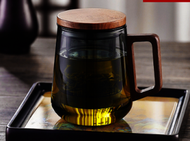 DDS - 茶杯玻璃杯過濾泡花茶家用帶蓋帶把杯子(規格:【直覺靈空杯】450ml青灰色圓把）#N134_019_239