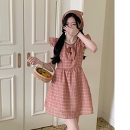 Korean Version Luo Sweet Cherry Flying Bow Checked Jumpsuit Women's Narrow-Waisted Skirt