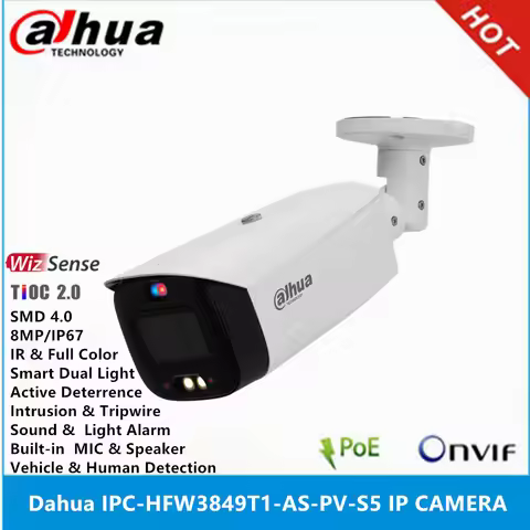 Dahua IPC-HFW3849T1-AS-PV-S5 8MP POE IP67 Built-in Mic & Spk IR30M & Full Color 30M Active Deterrenc