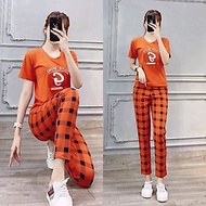 Đồ bộ dạo phố mặc nhà nữ áo thêu chữ quần sọc caro thun cotton mát mịn trẻ trung năng động size từ 4