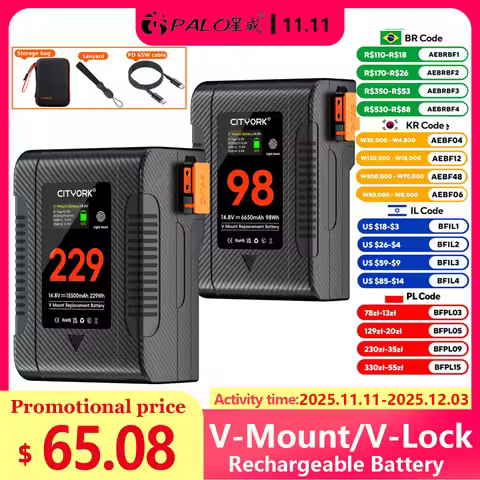 V Mount Battery BP-98 BP-229 Mini V-Mount Battery with PD 65W USB-C Fast Charging for Video Camera C