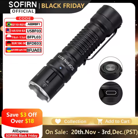 Sofirn SC33 XHP70.3 HI LED Flashlight Tactical 5200lm Powerful 21700 USB C Rechargeable Torch with T