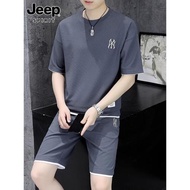 Jeep吉普休閑運動套裝男夏季短袖t恤男生華夫格短褲搭配帥氣一套