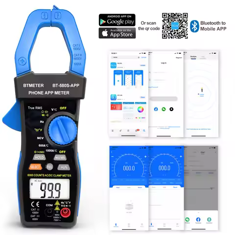 HoldPeak HP-580S-APP True RMS Clamp Meter, 6000 Counts, APP Connect, 1000A AC/DC, Voltage, Resistanc