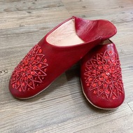 摩洛哥 babouche 室內拖鞋 珠串刺繡 酒紅