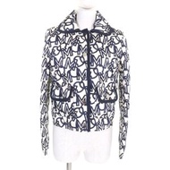 MONCLER AIN 絎縫羽絨服，成色極佳，全身飾有品牌標誌印花和品牌標誌貼片。象牙白/海軍藍。 0 碼。義大利製造。女款。
